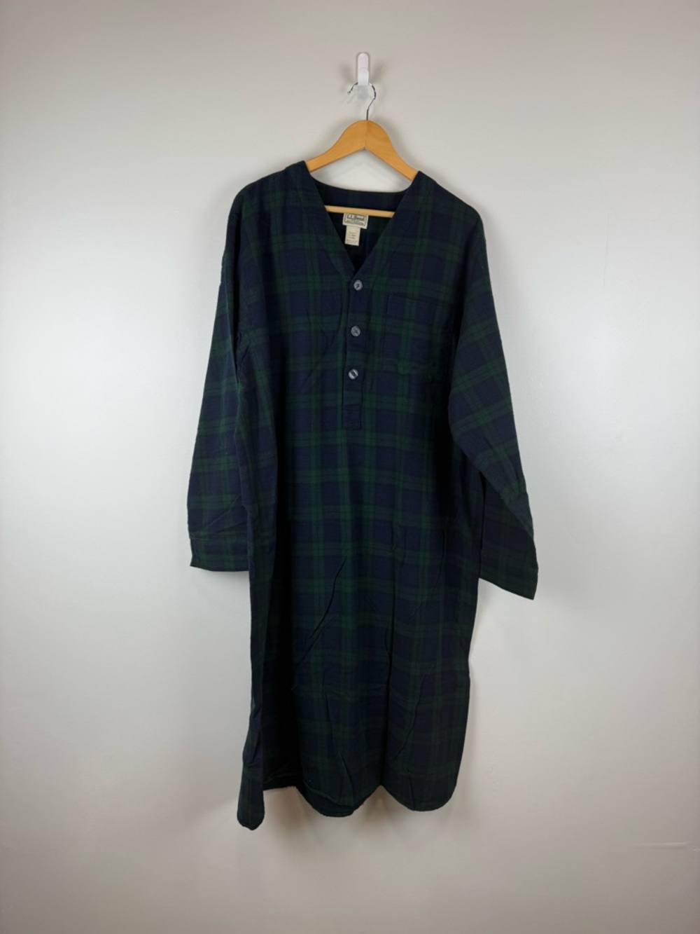 LL Bean Men's Size Large Vintage Plaid Flannel Nightshirt Green Black Watch